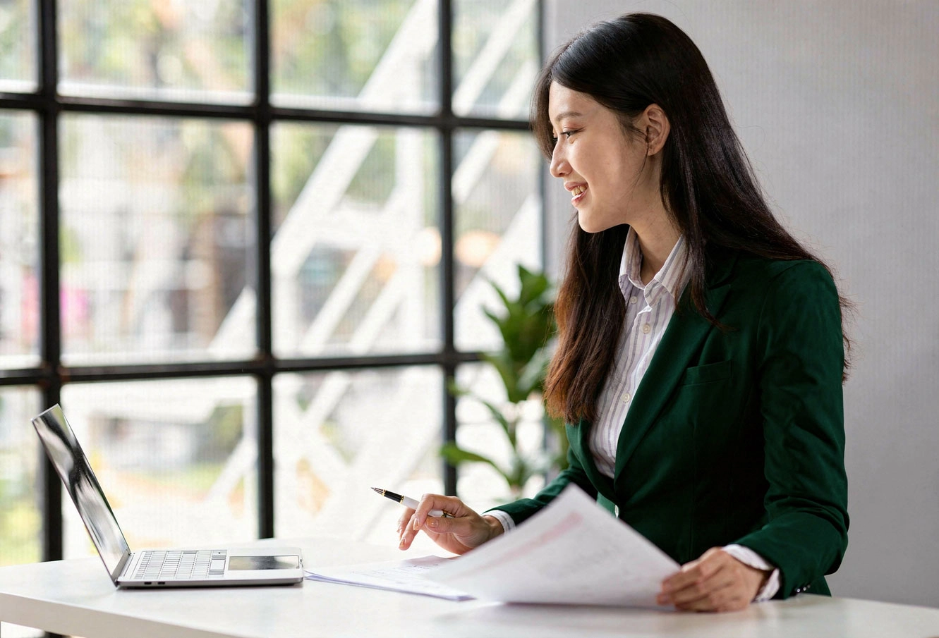 Professional checking documents at a laptop for Hong Kong issuer register support.